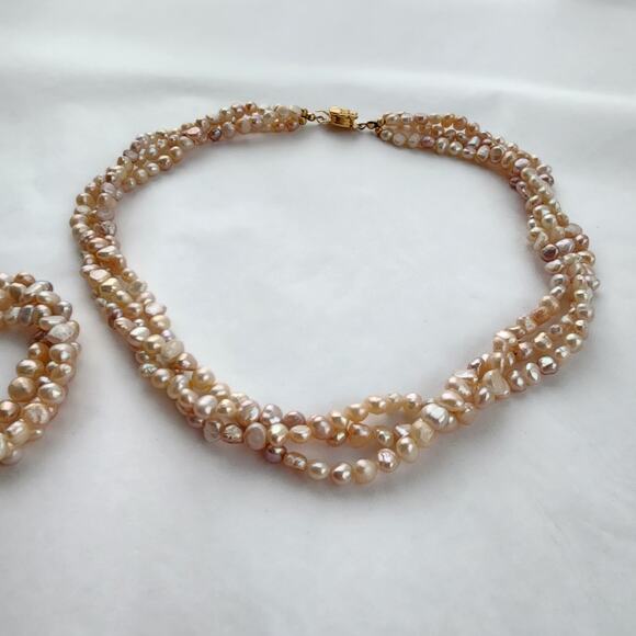 Genuine Pearl Statement Choker Necklace & Bracelet Set New Peachy Pink Old Money - Picture 4 of 11